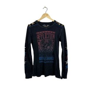 VINTAGE Y2K Affliction Breakdown American Thermal Graphic Top Grey/Blue/Red XS